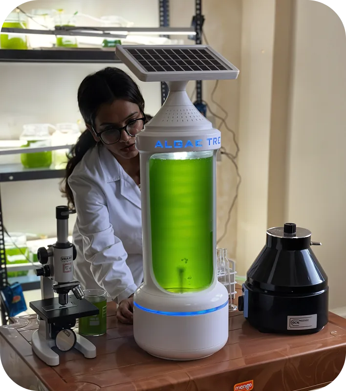 Visitor posing beside an AlgaeTree prototype indoors
