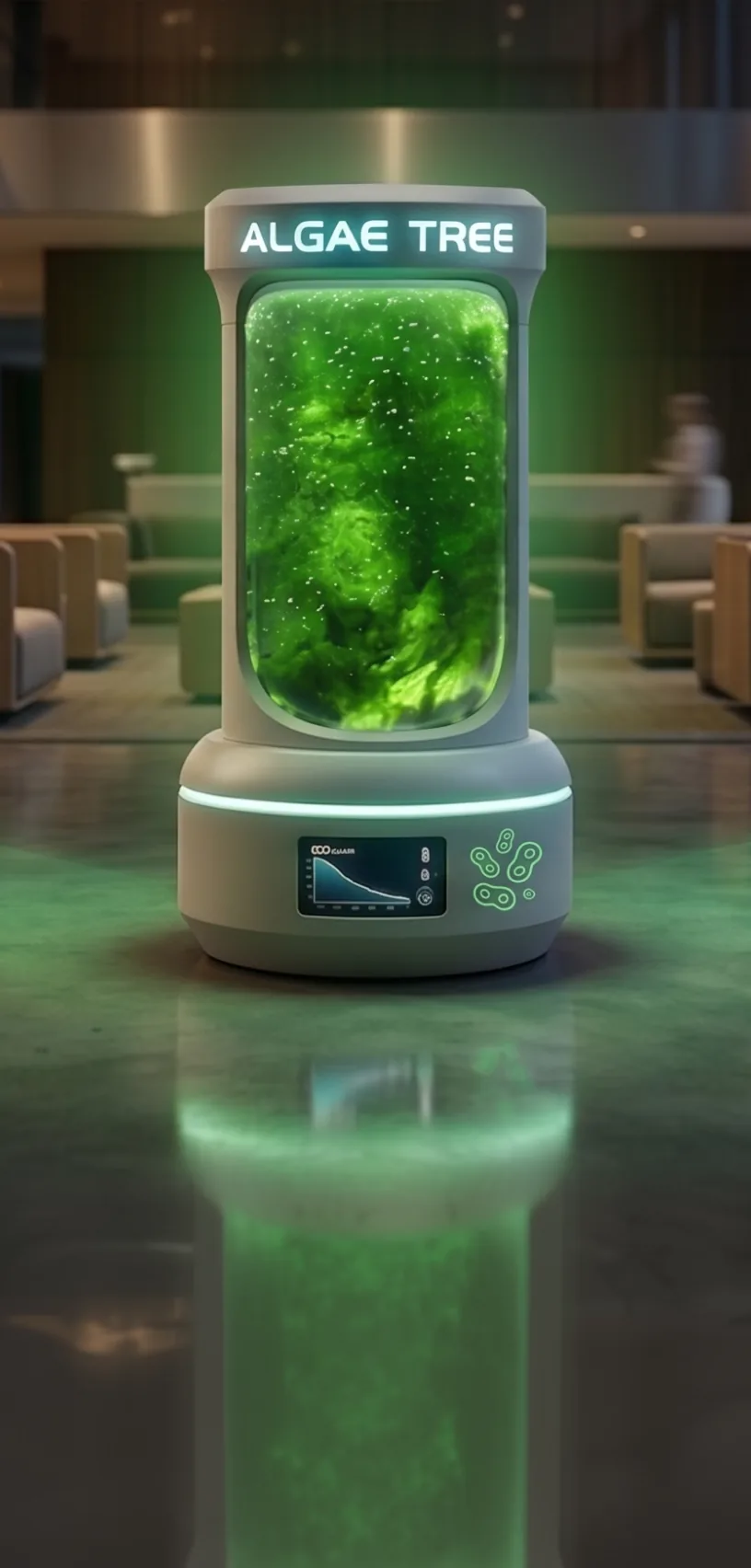 B2C climate solution photobioreactor in a nighttime urban setting