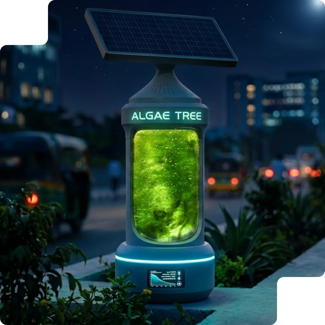 AlgaeTree unit illuminated on a city street at night
